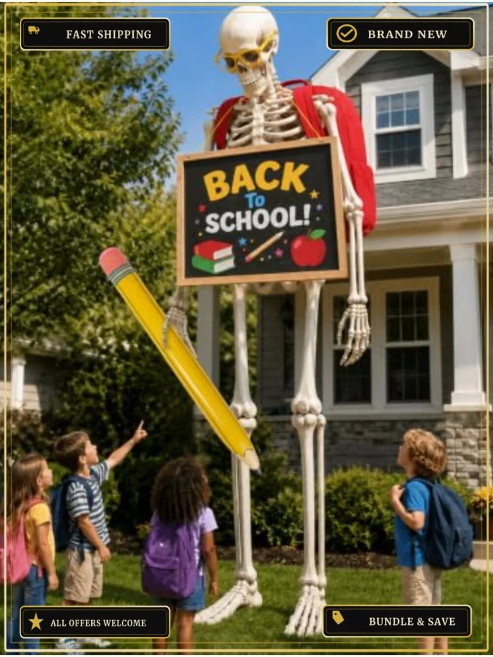 12FT Skeleton Back to School Outfit, Giant Halloween Costume Accessories with